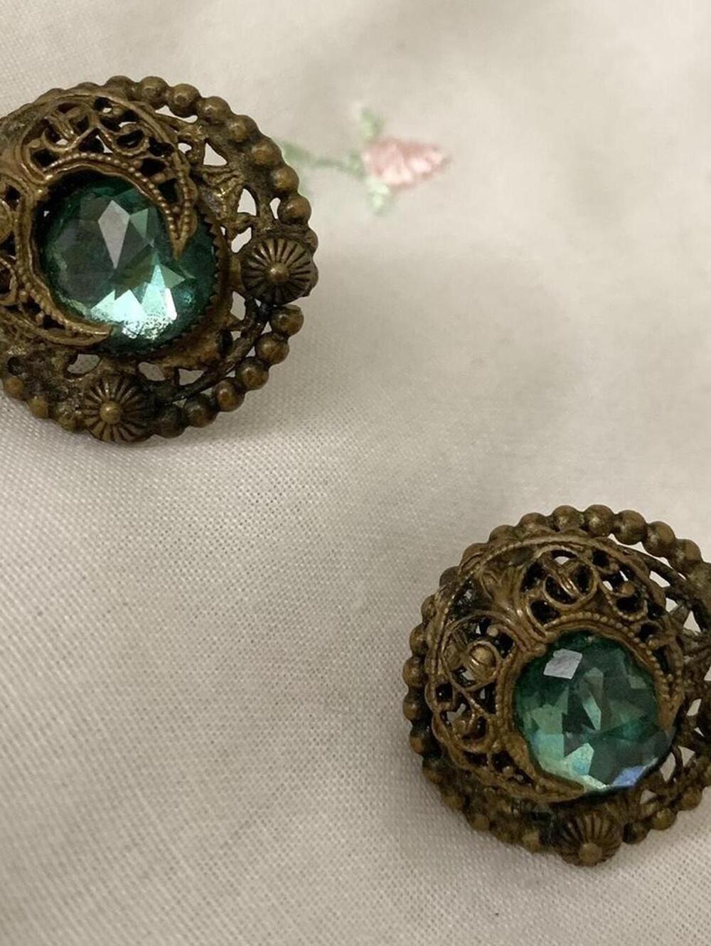 Vintage celestial steampunk whimsigoth teal and bronze stud earrings!